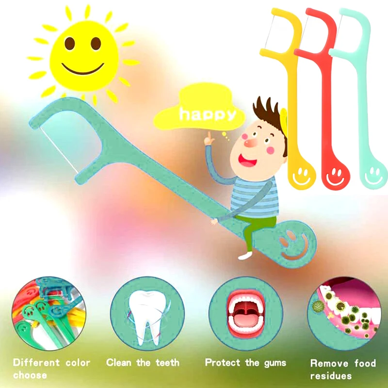 Hilo Dental para niños, mezcla de colores, cuidado bucal, cuidado de las encías, fácil uso, cepillos interdentales, alta calidad con cara feliz