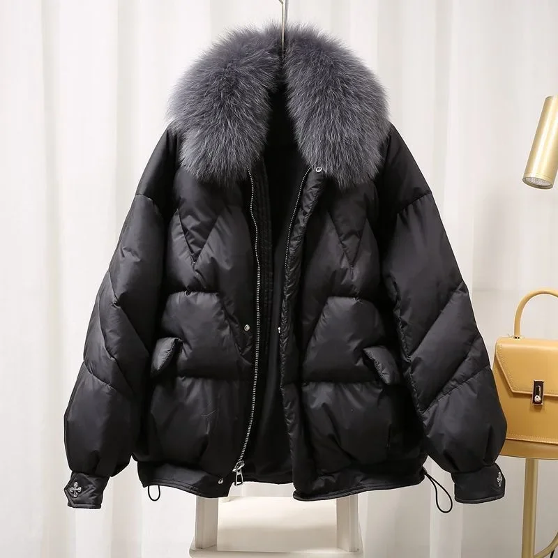 

Black Thick Fur Collar Cotton Jacket for Women in Winter 2026 New Loose Long Sleeved Cotton Jacket
