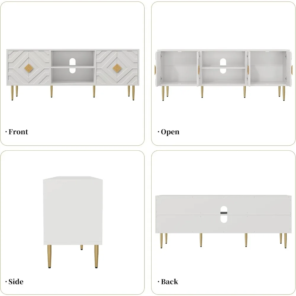 حامل تلفزيون أبيض حديث مقاس 63 بوصة من منتصف القرن لأجهزة التلفاز مقاس 65-75 بوصة مع خزائن تخزين وأبواب منقوشة