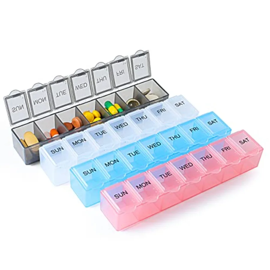 

4 Pack Weekly Pill Organizer, 7 Days Pill Travel Daily Pill Portable Medicine Organizer and Planner wit Compartment tamins, Fis