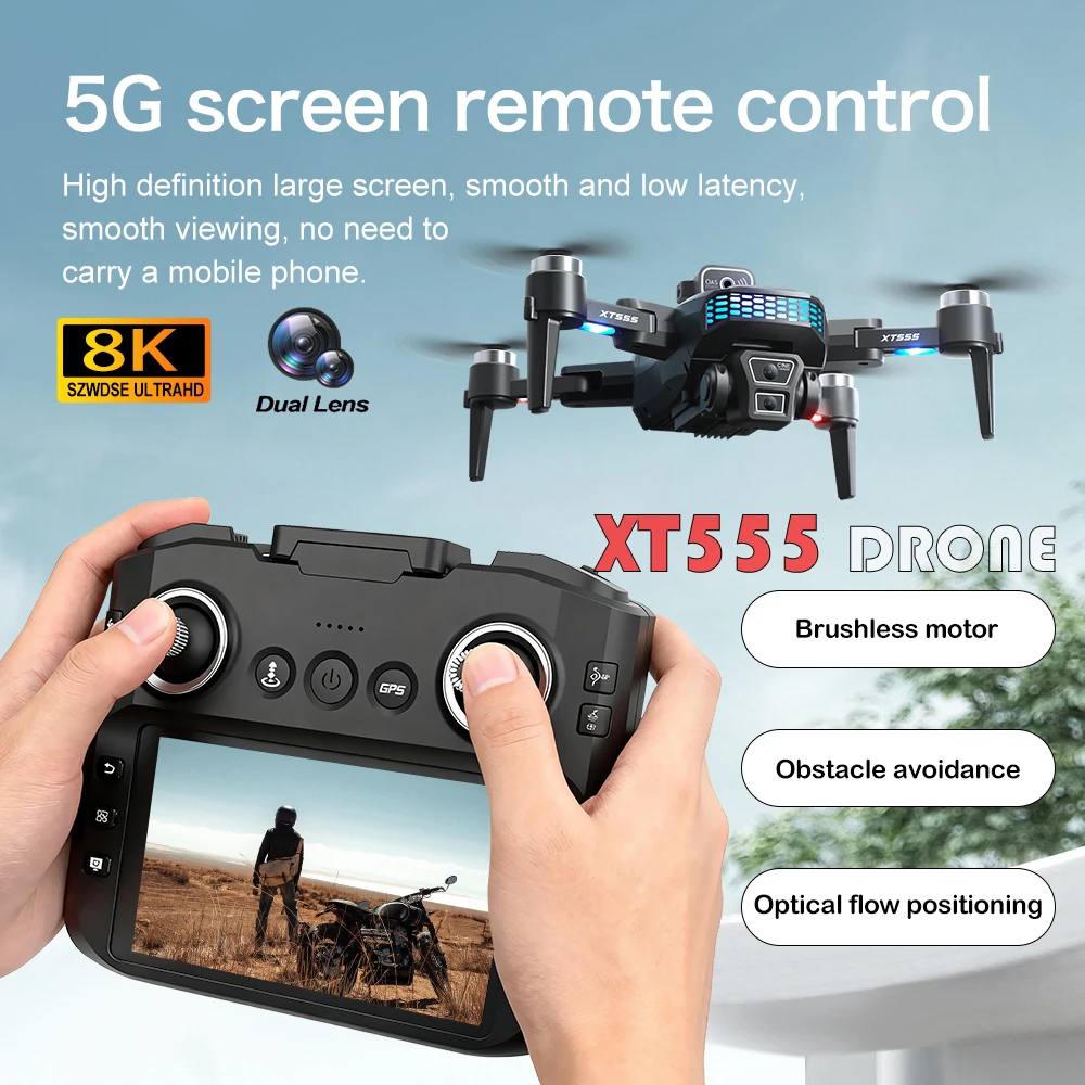 

New XT555 GPS RC Drone Cam Professional 8K HD Dual Camera Brushles Motor 5G WIFI FPV Foldable Screen Display RC Quadcopter toy