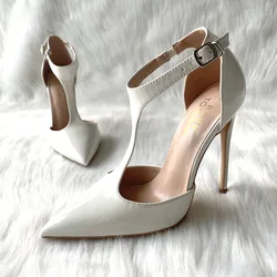 TOMONYE discount brand white patent leather T strap with buckle women lady 12cm high heel shoes pump plus big size on sale