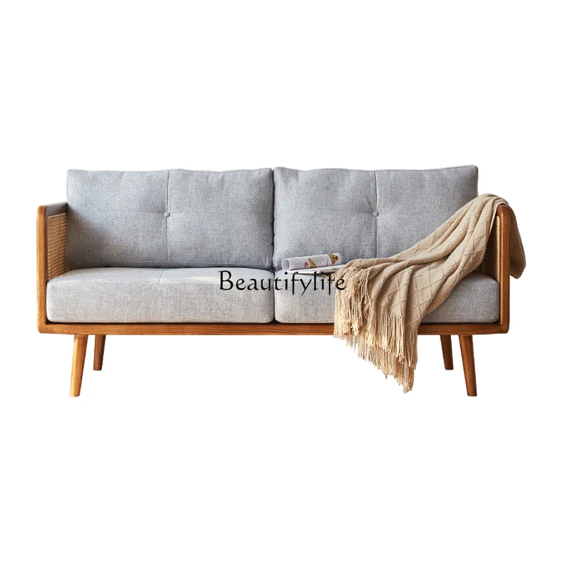 

Solid Wood Rattan Armrest Sofa Small Apartment Home Living Room Fabric Craft Sponge Seat Bag Rattan Sofa