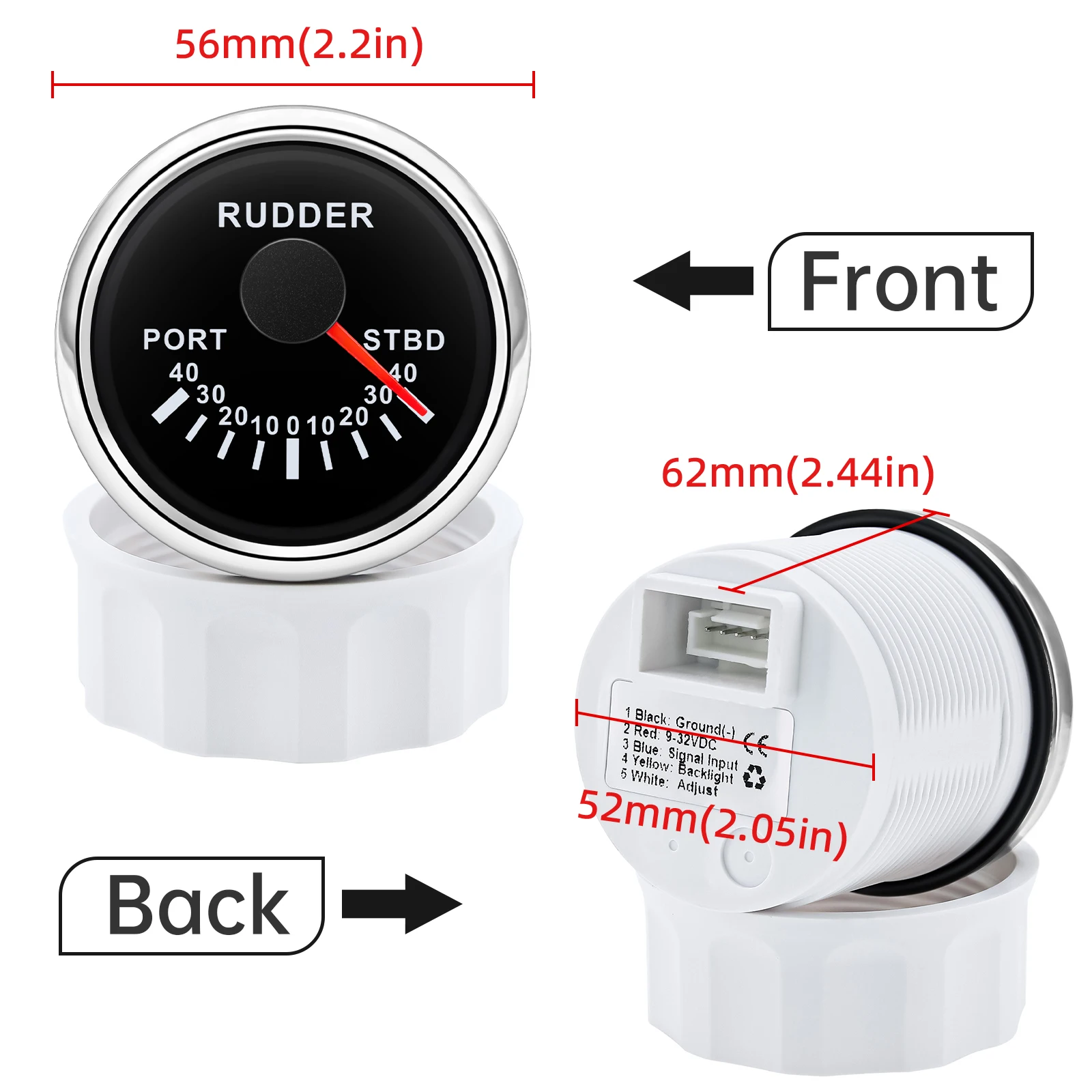 52mm Boat Rudder Angle Indicator Red Backlight with Rudder Angle Sensor Digital Display Pointer Gauge Marine Yacht Accessories