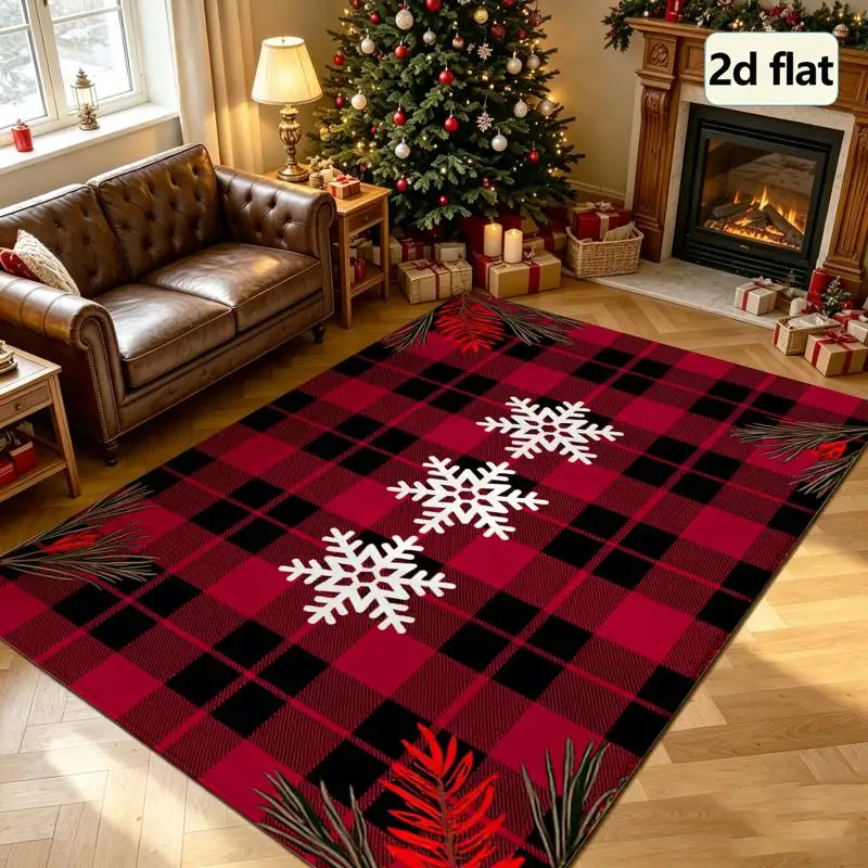 Red Black Buffalo Plaid Snowflake Christmas Decor Rug, All Season Floor Mat for Living Room, Bedroom, Fireplace, Kitchen