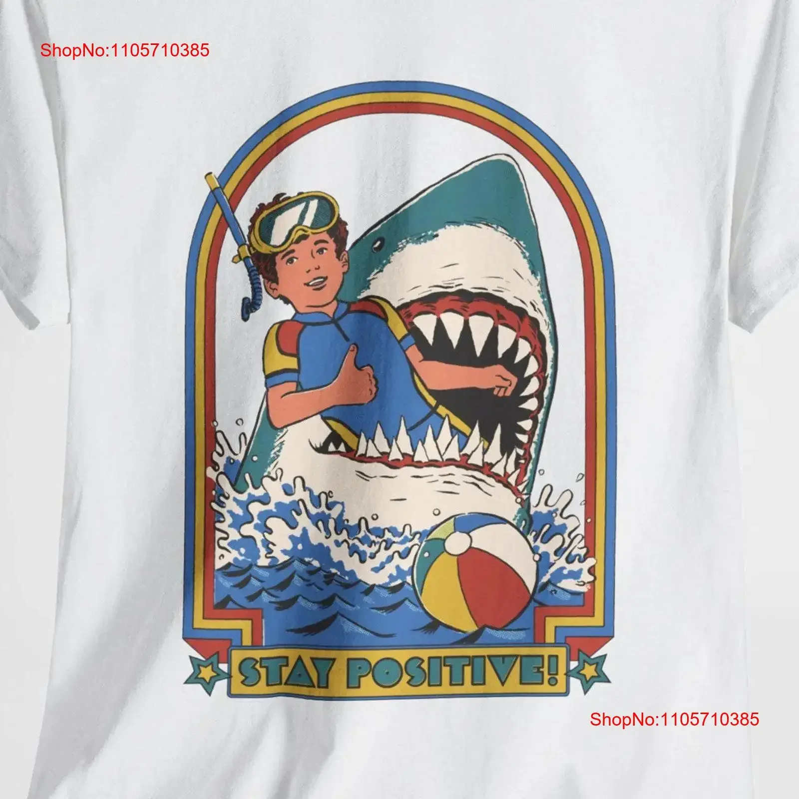 Stay Positive Funny Great White Shark Retro 70s Style Heavy Cotton T Shirt vintage Washed Soft Top For Everyday Wear fashion