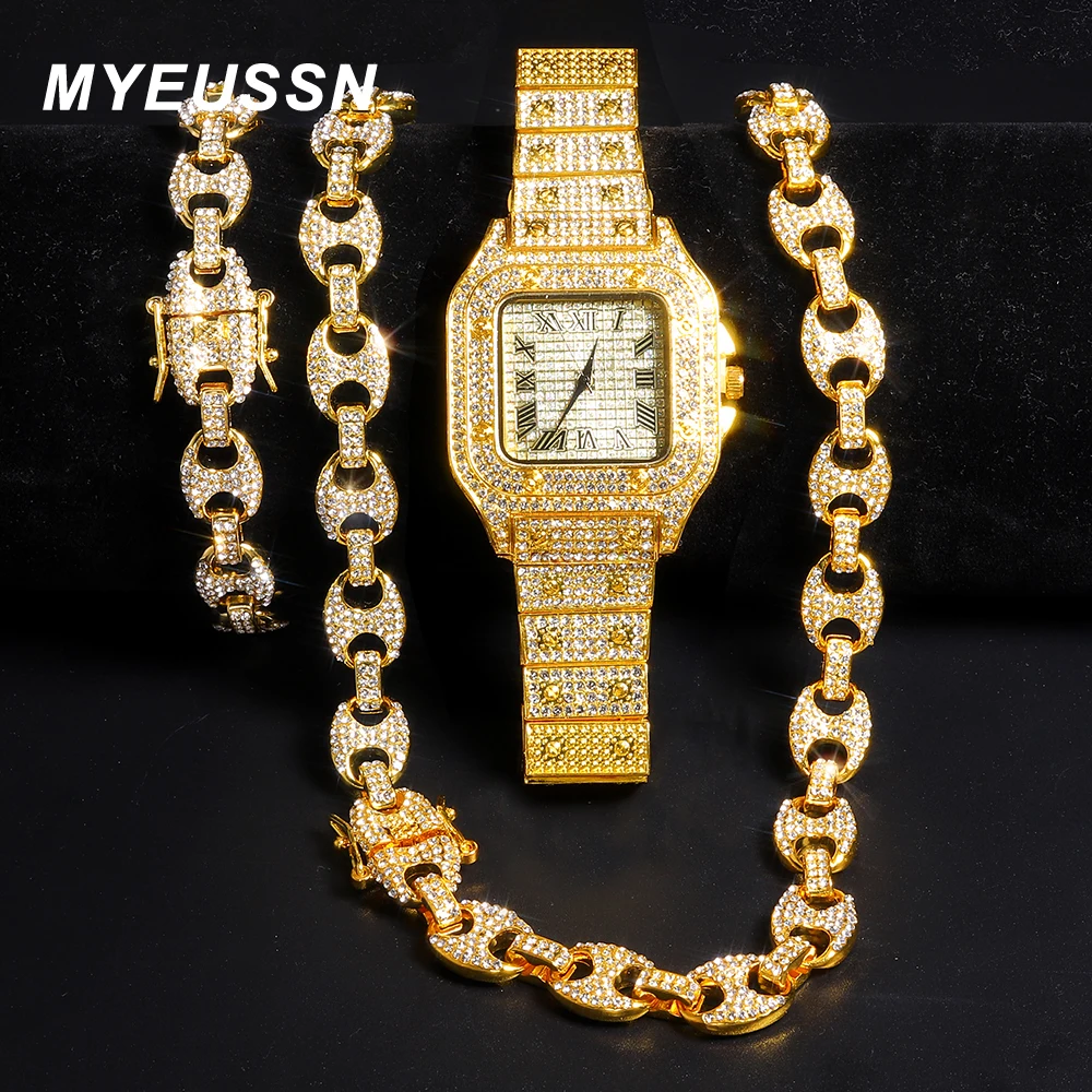 

2022 New Iced Out Necklace+Watch+Bracelet Suit Men Hip Hop Rapper Cuban Chain Gold Color Watch Necklace for Men Jewelry Set Gift