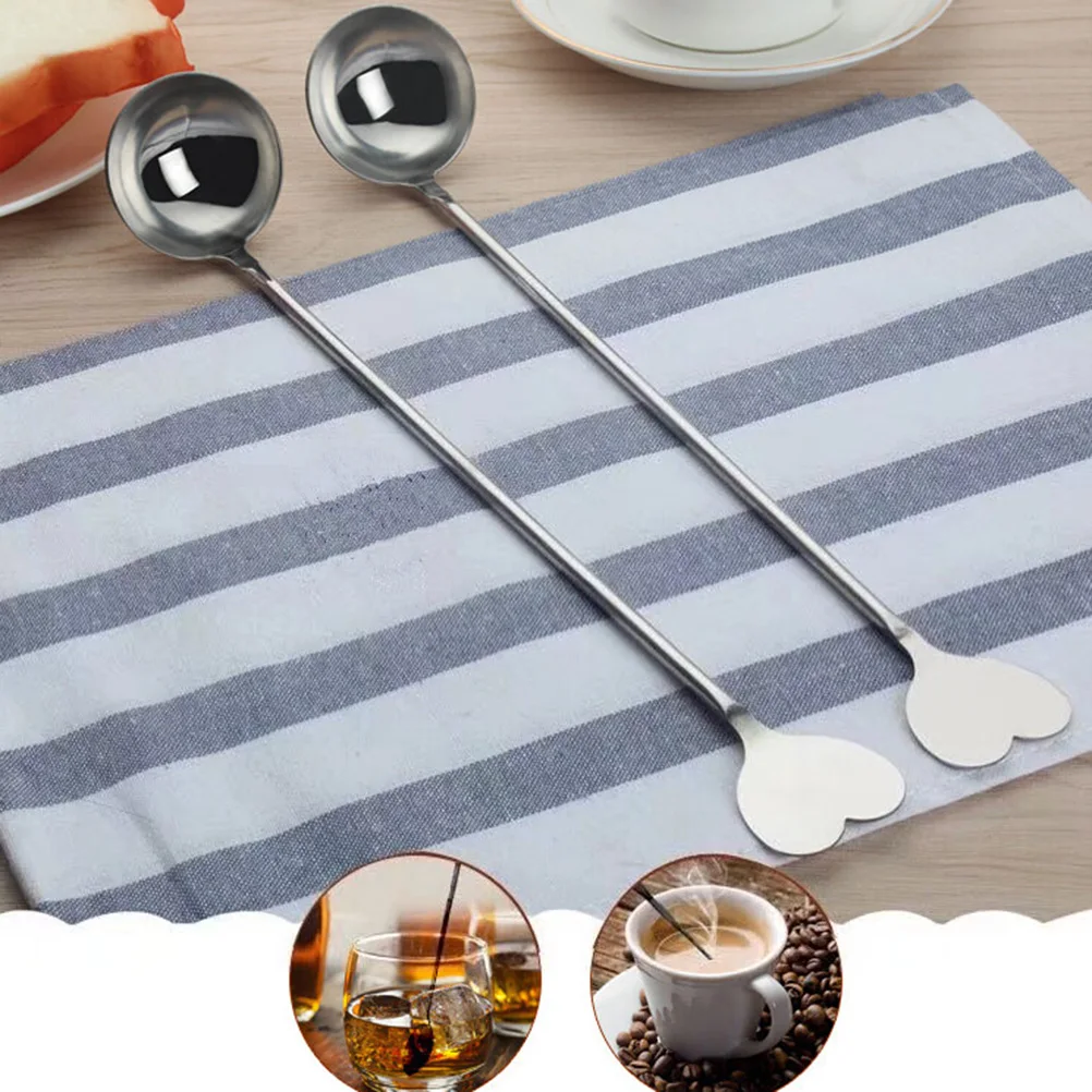 

2pcs Steel Milk Tea Spoon Long Handle Honey Stirrer Spoons Mirror Polished Bar Home Honey Stir Sticks Kitchen Use