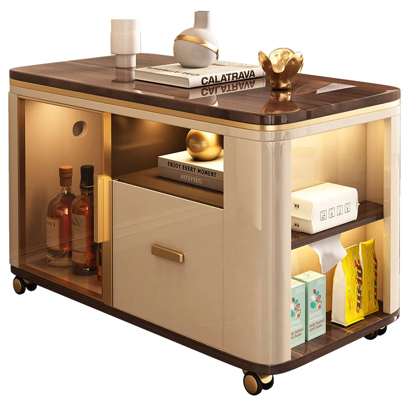 

Cream sofa side cabinet household rock slab tea cabinet coffee table wooden corner table mobile tea table light luxury medium an