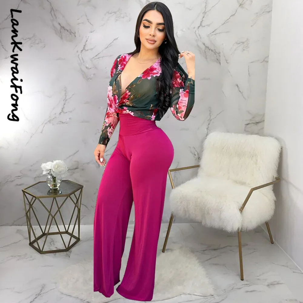 . Casual Temperament Women's Jumpsuit Sexy V-neck Semi-perspective Waist Waist Print Party Street Style Jumpsuit Trousers