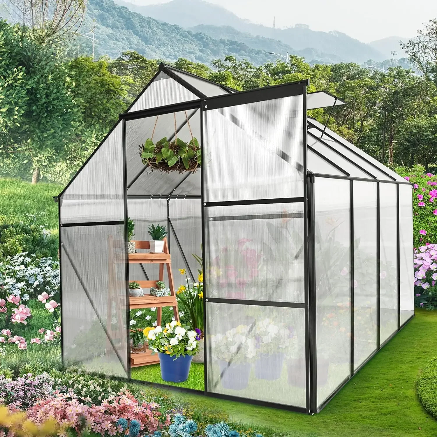 

6x8 FT Polycarbonate Walk in Greenhouse, Upgraded GreenHouse with Adjustable Roof and Sliding Door, up to 70% Light Transmission