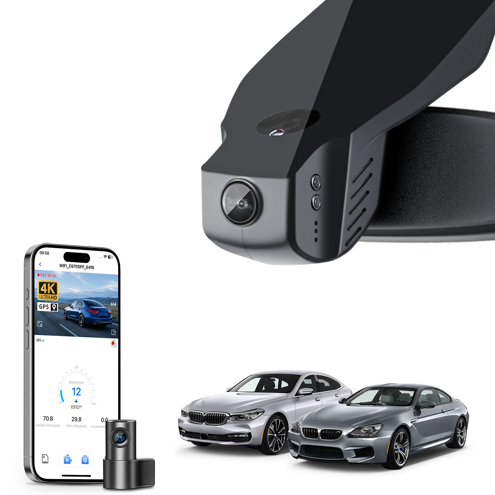 Câmera Veicular 4K para BMW Série 6 Gen3 M6 F06 F12 F13, Gravador de Vídeo para Carro 2012-2019 com GPS, WiFi e APP, Plug and Play sem fio.