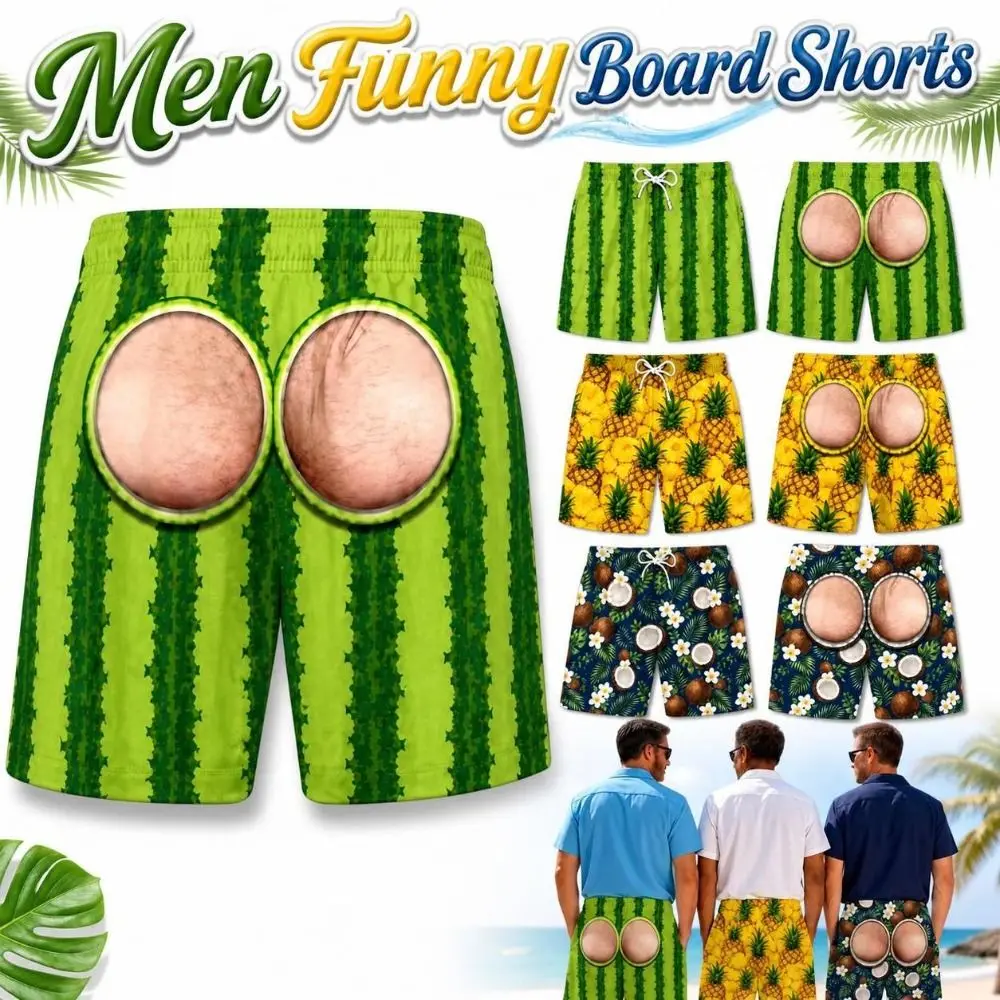 Loose-Fit Men Funny Board Shorts Breathable Elastic Print Beach Shorts Vibrant Fruit-Themed Novelty Swim Trunks Beach Vacation