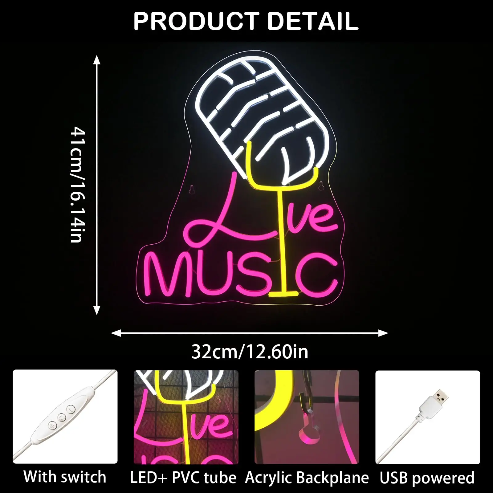 Live Music Neon Sign Dimmable On Air Led Signs for Wall Decor Microphone Neon Light Sign Bar Music Studio Room Birthday Party