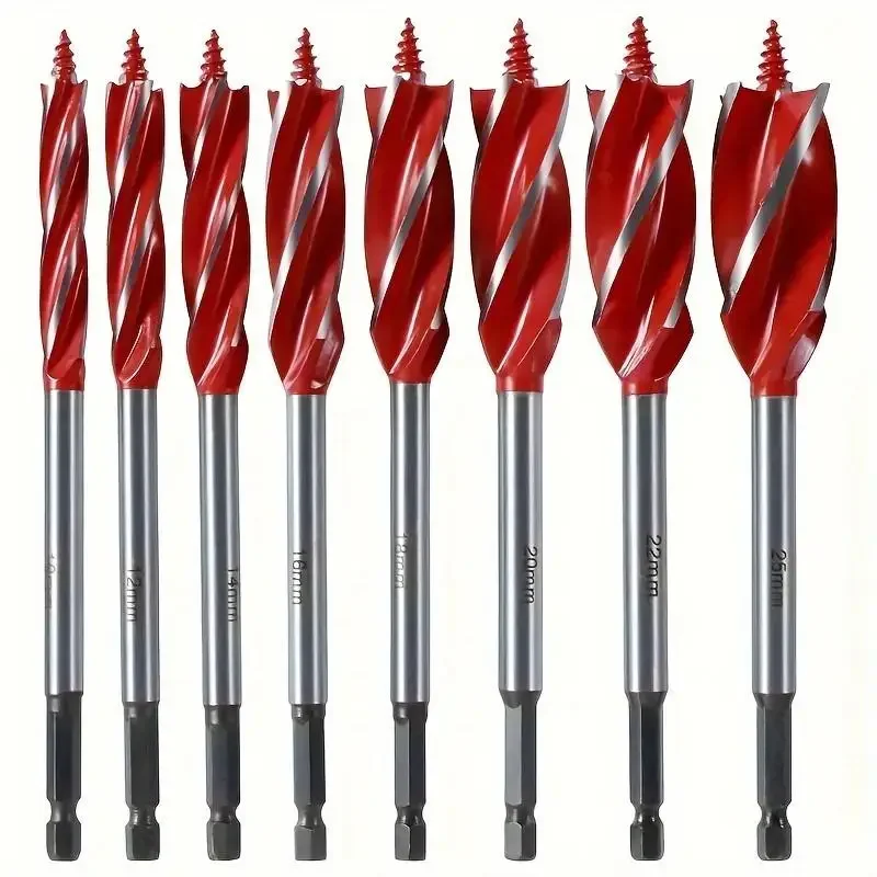 8pcs Woodworking Drill Bit Set High Carbon Steel 4 Flute 10-25mm Self Tapping Hex Shank Precision Deep Hole Drills for Hardwood