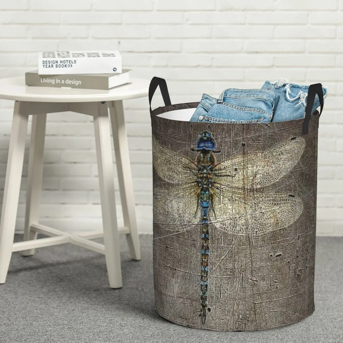 Dragonfly On Distressed Stone Background Circular Hamper, Storage Basket Waterproof Bathrooms Storage Books