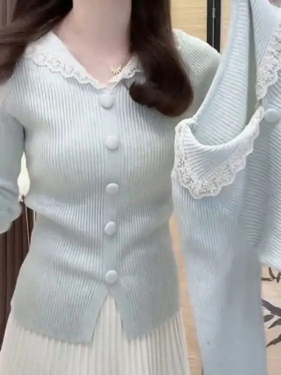 

Модный женский вязаный кардиган с кружевной отделкой и воротником-стойкой, приталенный, с длинными рукавами, для повседневной носки