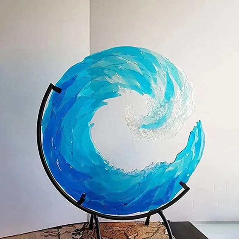 Wave molten glass sculpture, creative gradient blue wave sculpture ornaments, wave acrylic home decoration crafts