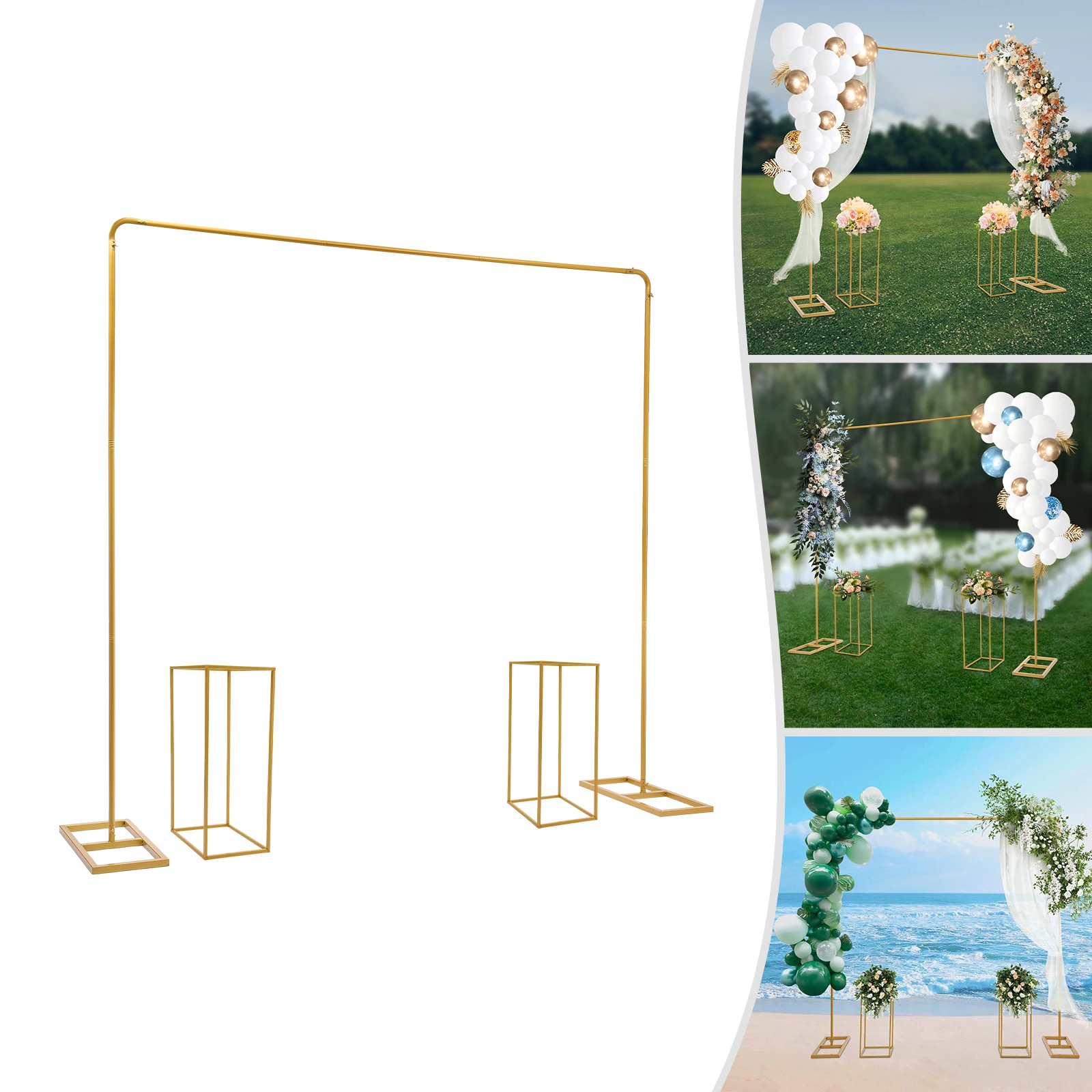 Goldener 2x2m Rahmen mit 2 Stück 26,5x26,5x60cm Blumenhaltern, Hochzeitsbogen, Hochzeitsständer, Dekoration für Party, Zeremonie, Veranstaltung
