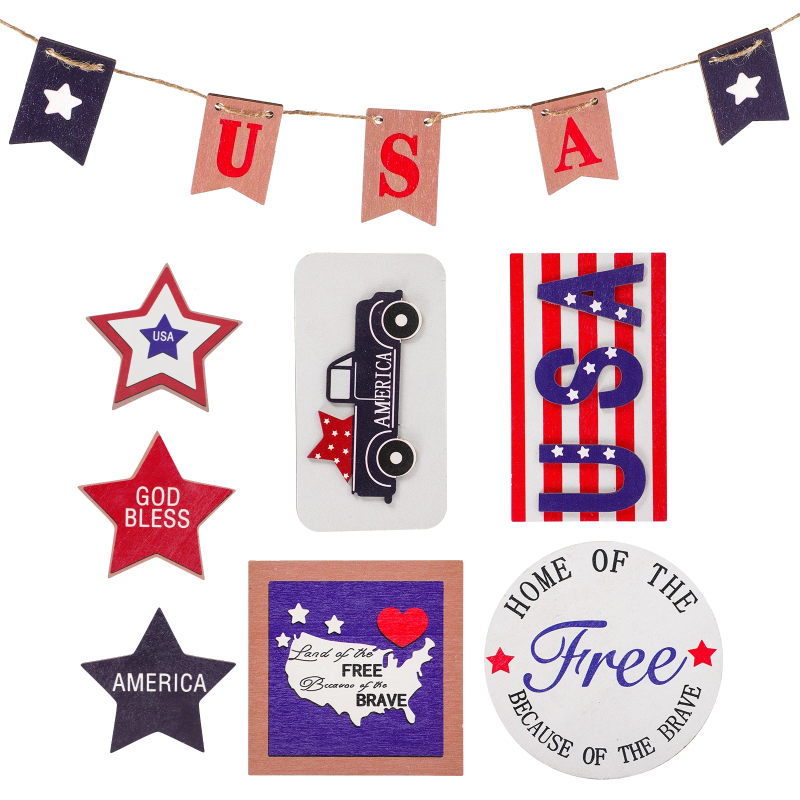 

12pcs Wooden Tiered Tray Patriotic Farmhouse Style Home Decor 4th Of July Party Decorations Set Table Decor Items