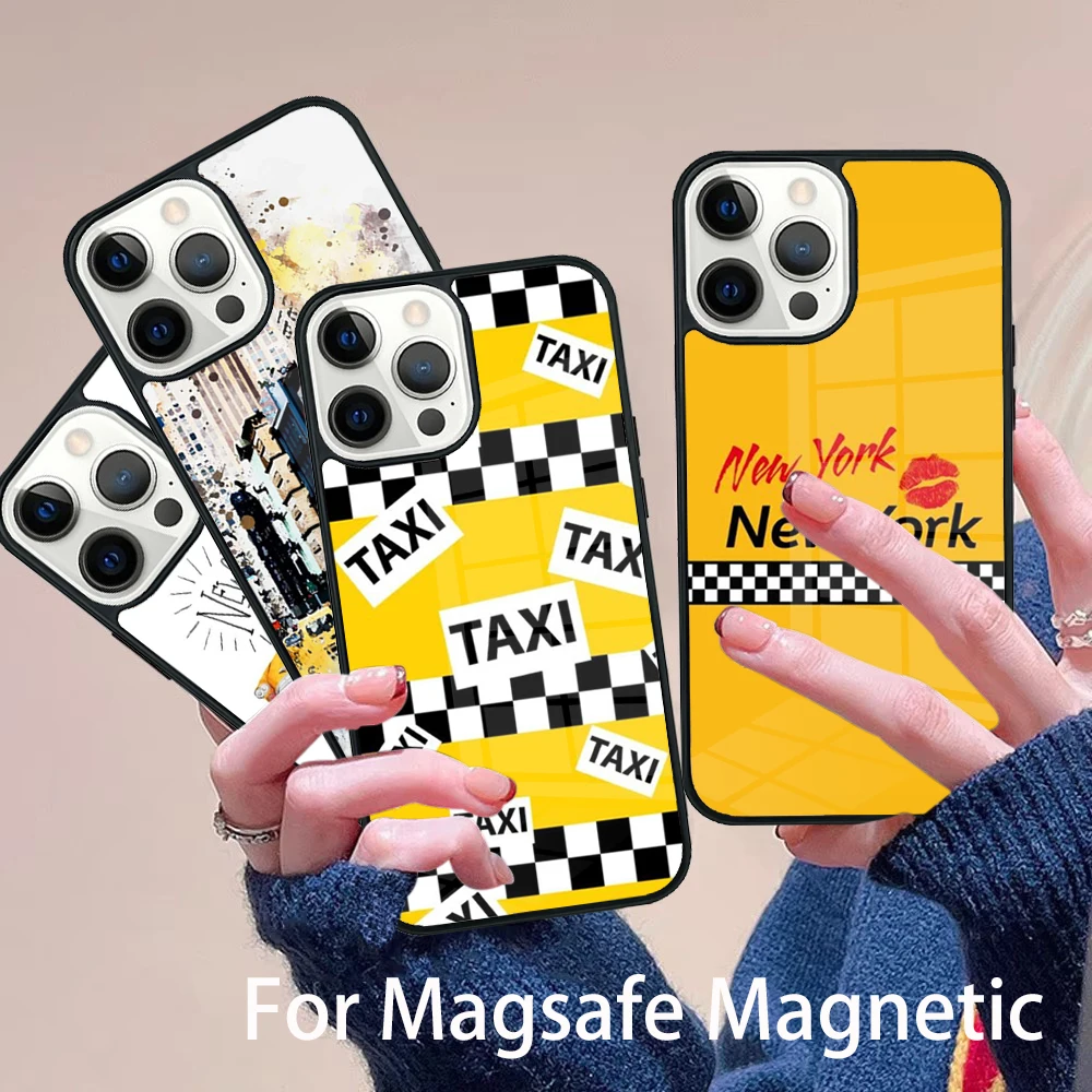 

NYC Yellow Taxi Cabs Phone Case Magesafe Magnetic Wireless Charge Cover For IPhone 16 11 12 13 14 15 Pro Max Plus Mini