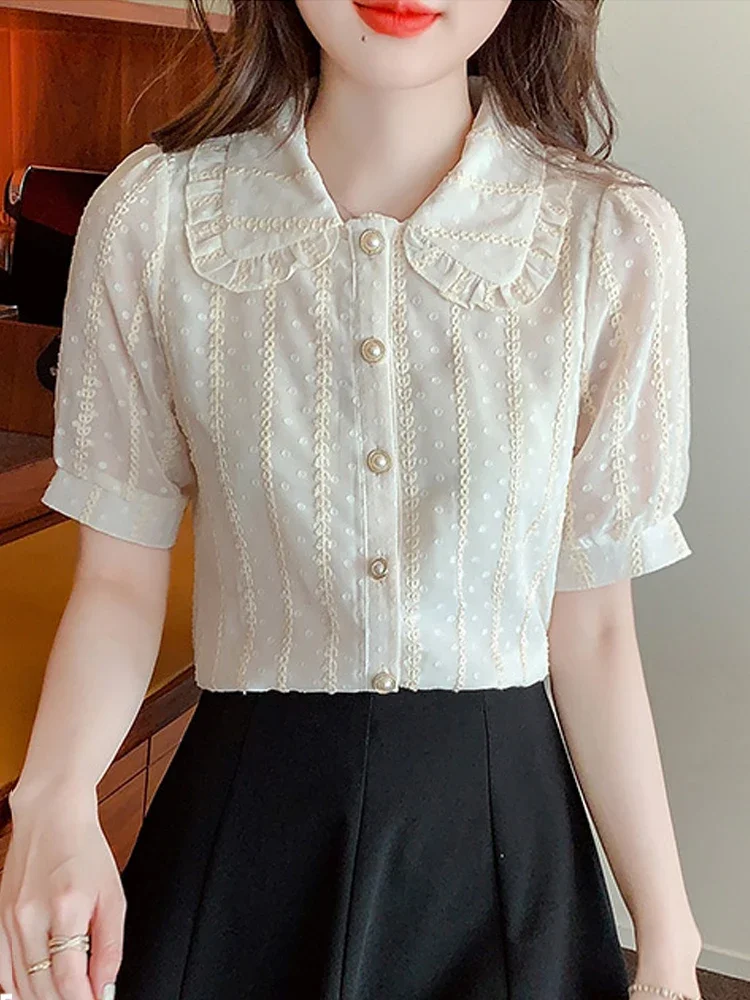 2024 Verano Short Sleeve Blouse Women Doll Collar Lace Chiffon Blouse Shirt Women Tops Blouses Shirts LU18