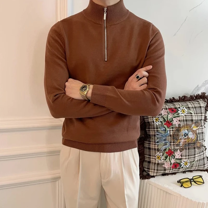 Fall Winter Casual Knit Sweater Mens Fashion Solid Color Stand Collar Zipper Knitted Jumper Top Men Vintage Long Sleeve Sweaters