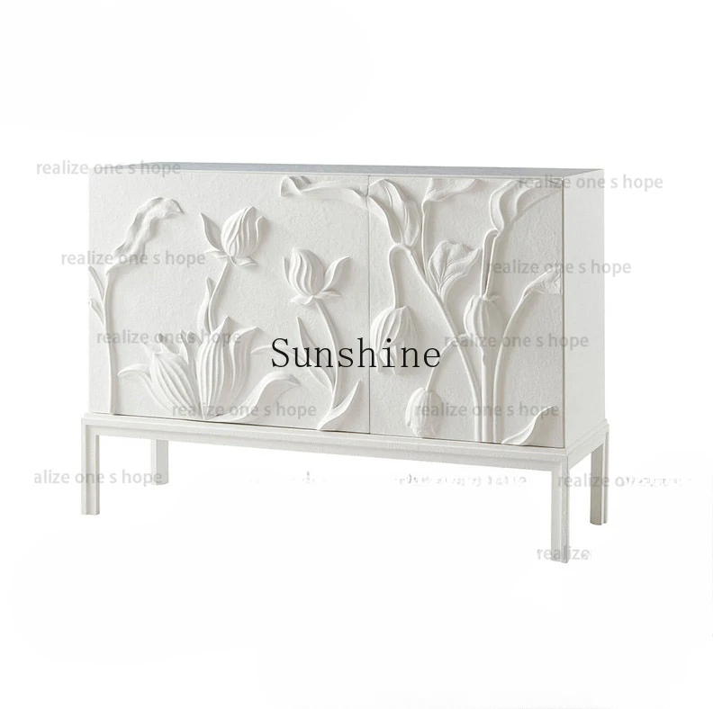 

Italian light luxury solid wood carving flower entrance living room white decoration American simple side cabinet