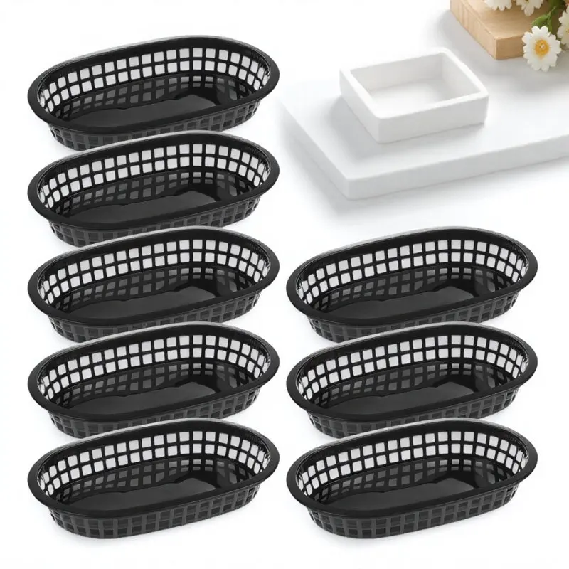 12Pcs Fast Food Baskets Oval Plastic Hollow Design Food Containers Bread Trays for Restaurant Kitchen Barbecue Picnic Party