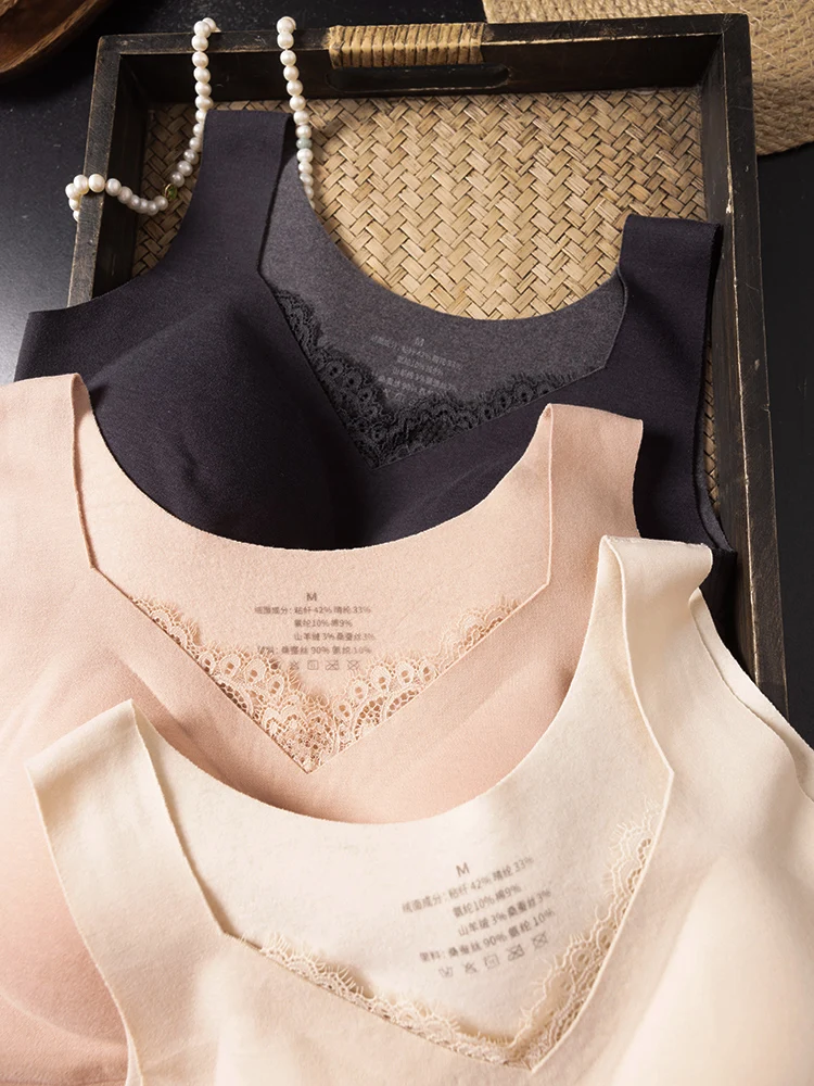 

Футболка-цвет V-Ne Кружевной шелковый козырек Camere Цельный теплый жилет на бретелях ort Sve Осенний женский топ обычной длины