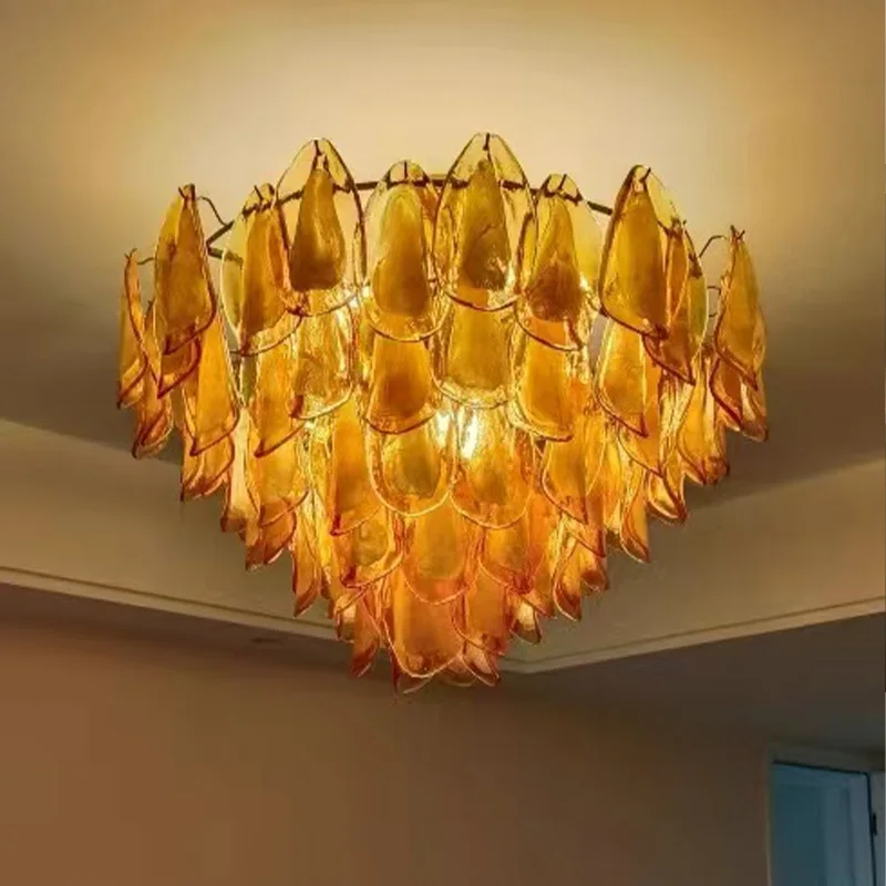 Premium Designer Petal Shape Chandelier 2025 Stainless Steel Amber Glass Pendant Lamp Dimmable Ceiling Luster Bedroom
