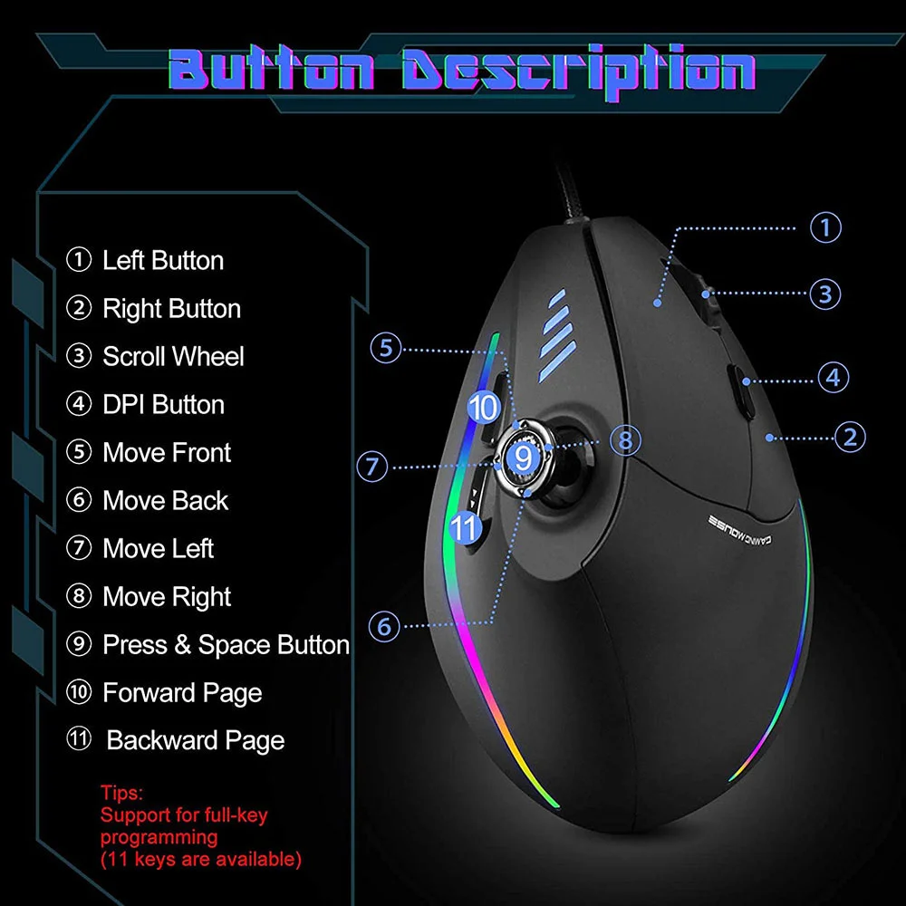 SeenDa Vertical Gaming Mouse Wired RGB Ergonomic Mouse USB Joystick Programmable Gaming Mice for PC Computer Gamers