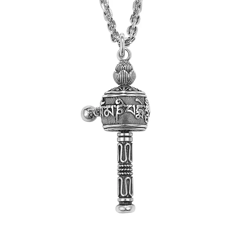 

Buddha Stones Tibetan Om Mani Padme Hum Prayer Wheel Lotus Wisdom Rotatable Necklace Pendant