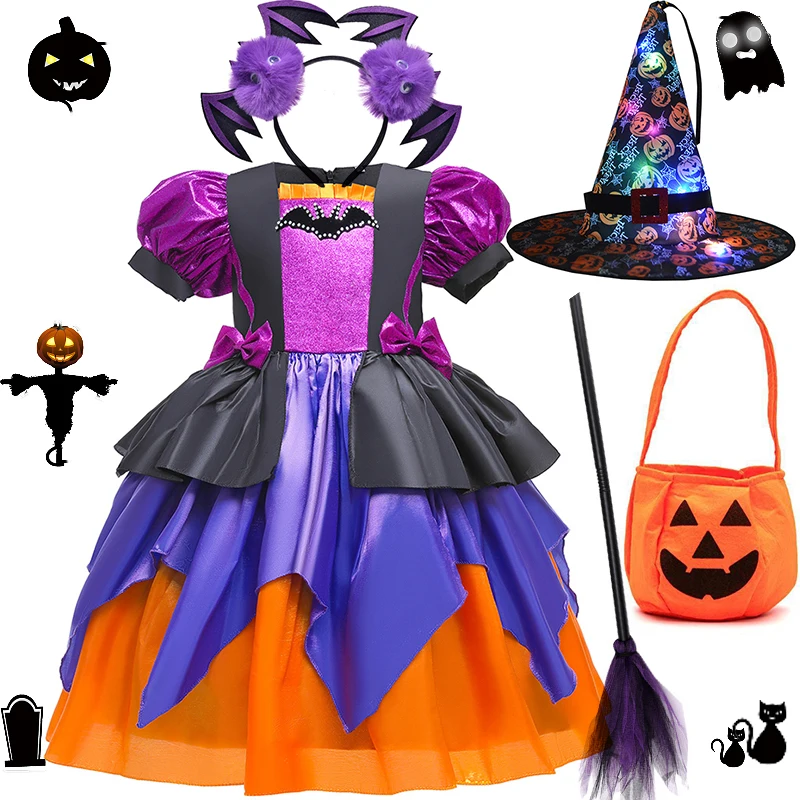 

Halloween Girls Pumpkin Cosplay Dresses Kids Cosplay Bat Print Witch Costume Festival Party Ball Gown Children Princess Dress