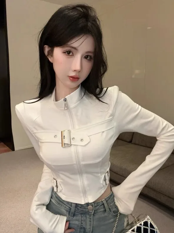 

American Style Sweet Cool Spicy Girl Long Sleeve T-Shirt Metal Buckle Slim Fit Fashion Design Open Cardigan Top for Women