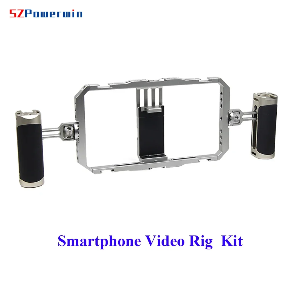 Powerwin Universal Smartphone Cage Aluminum Alloy Video Rig Kit Dual Hanlde Phone Filmmaking Case Cold Shoe Mount Live Streaming