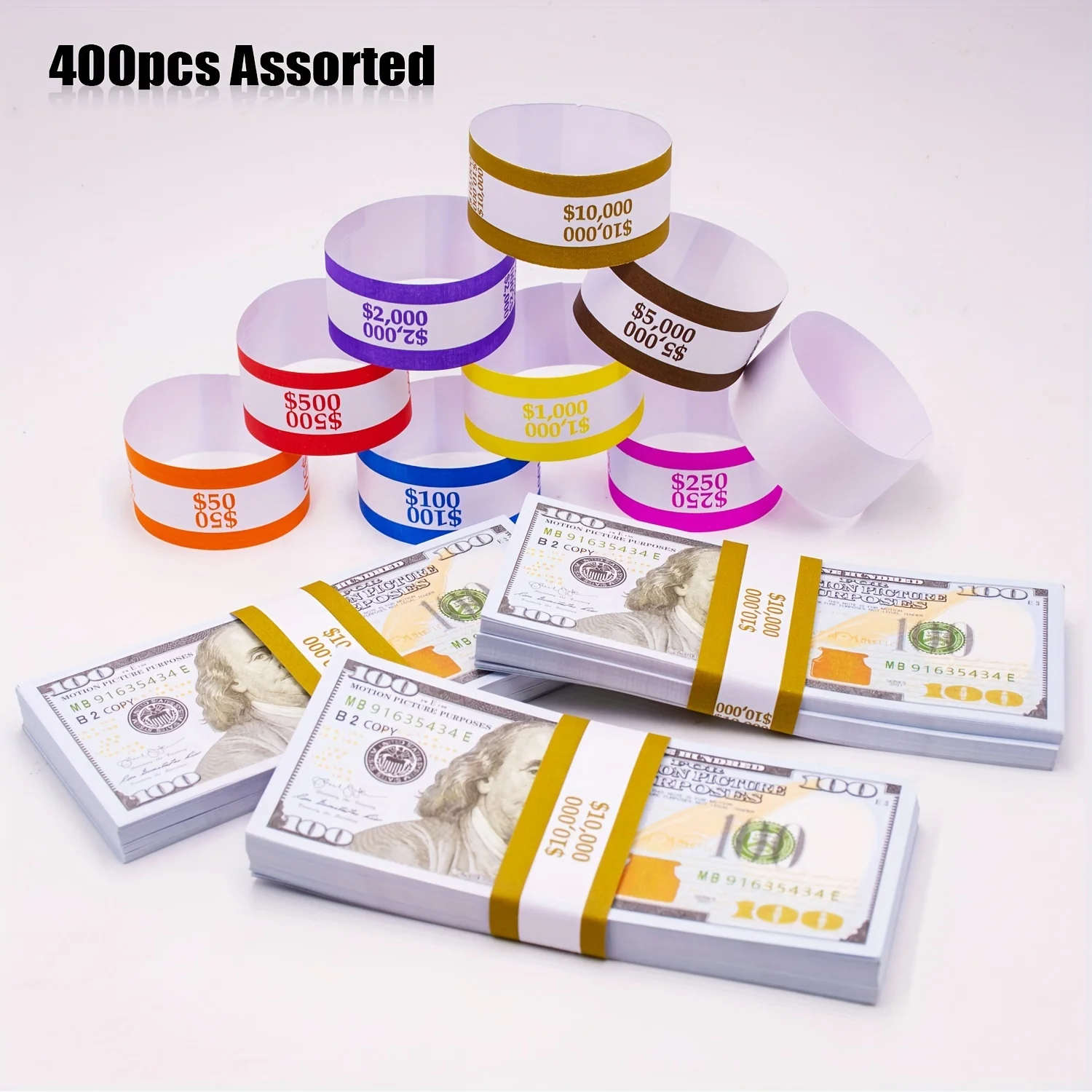 400pcs Assorted Money Bands Self--Sealing money straps bill glued  Duty-Kraft floss cash currency binding tous Fake Clinton band