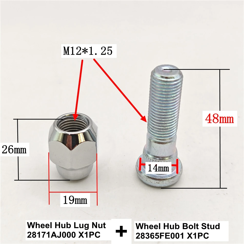 2PCS Wheel Hub Bolt Stud & Nut SET Tire Bolts Lug Nut 28365FE001&28171AJ000 For 2006-2019 Subaru Forester Impreza WRX STi Legacy