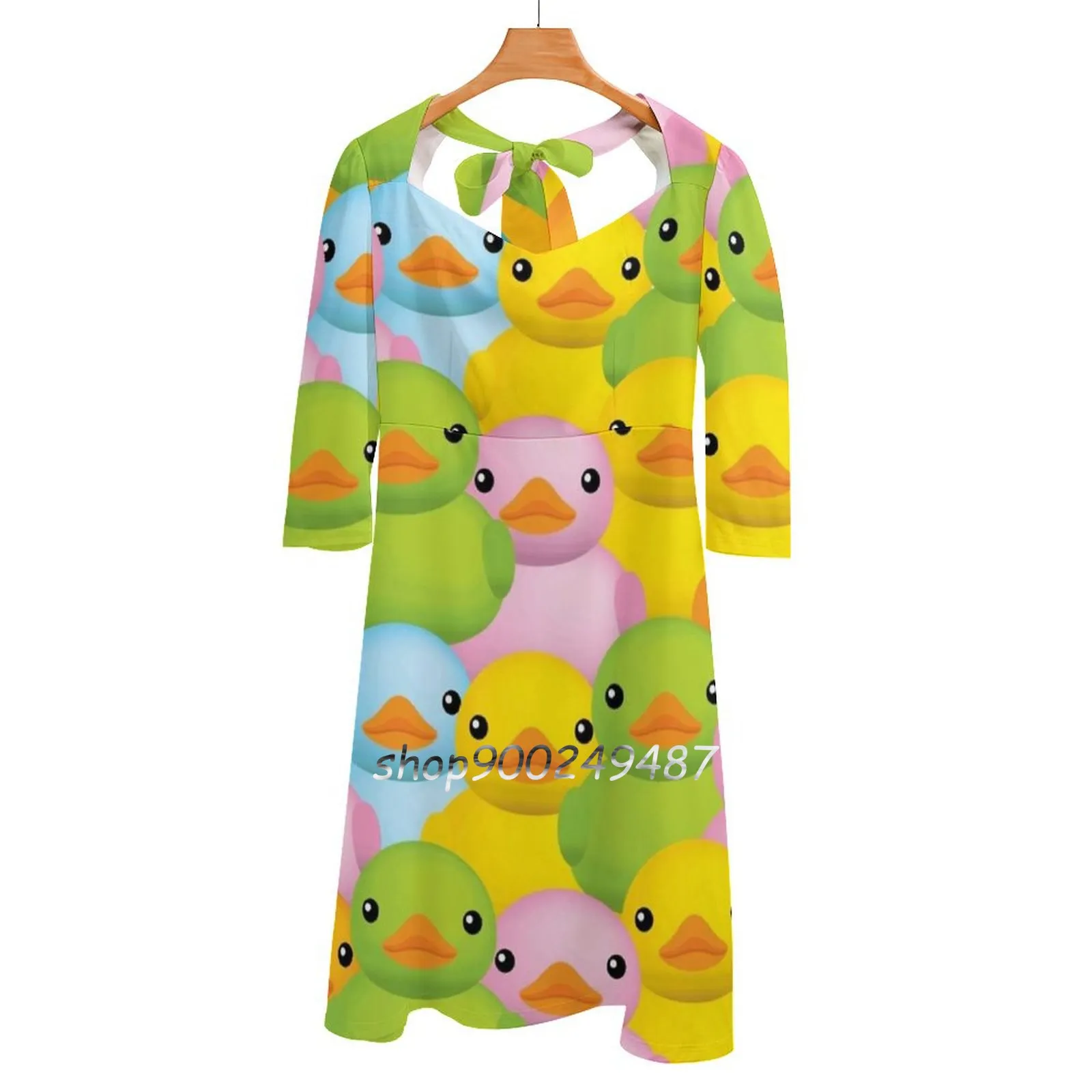 Dux Square Neck Dress Sweet Summer Dress Women Elegant Halter Print Dress Duck Rubber Yellow Bathing Bath Toy Baby Bird Swim