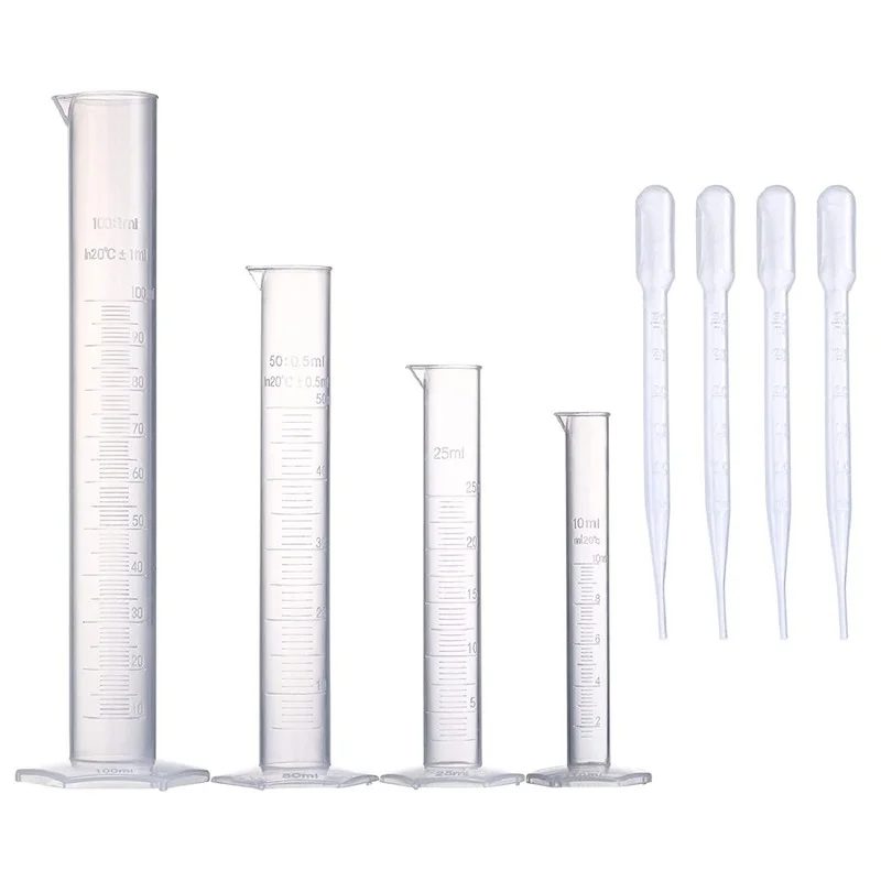 4 Sizes Graduated Polypropylene Lab Test Tubes in 100 ml,50 ml,25 ml,10 ml for Laboratory with 4 Plastic Droppers in 3ml