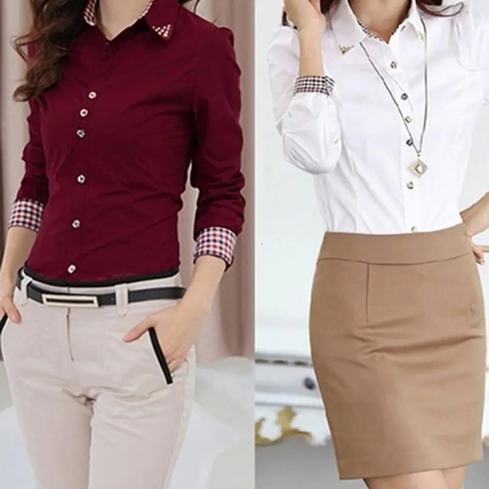 Camisa de algodón con cuello vuelto, blusa ajustada de manga larga, Tops con cuello, camisa informal Formal para oficina