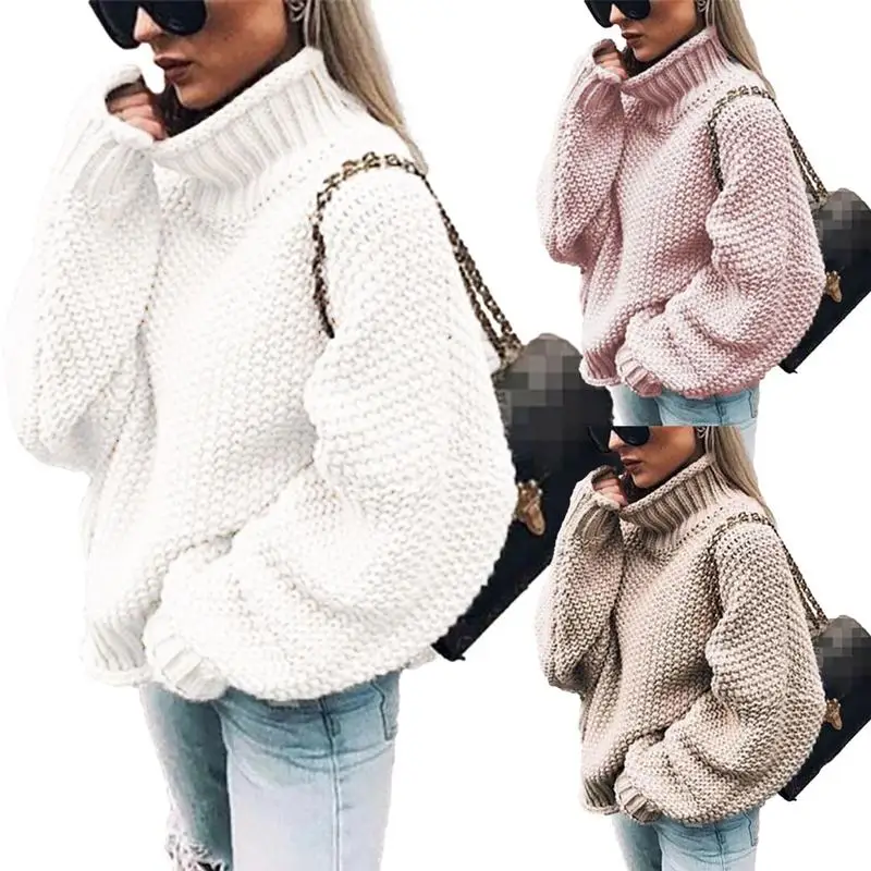 Turtleneck Oversized Sweater Winter Fall Solid Outerwear Knitwear Pullover Balloon Long Sleeve for Ladies Women Girls