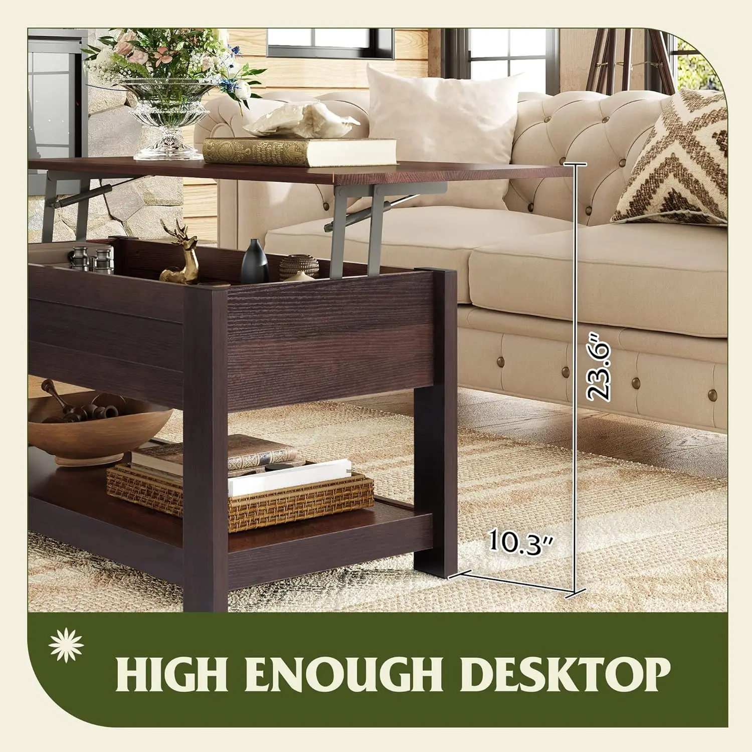 Table Basse Réglable de 38 Pouces avec Compartiments Cachés et Support de Rangement pour le Salon