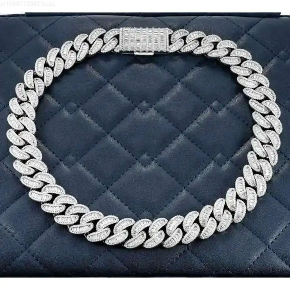 

20mm Moissanite Baguette Miami Cuban Link Chain Necklace 925 Sterling Silver Men's Vvs Moissanite Cuban Link Chain