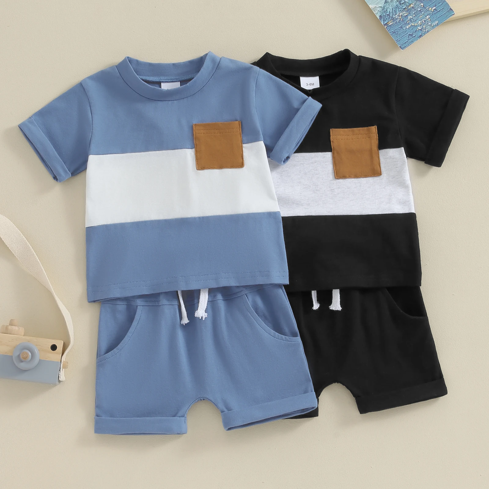 

Casual Baby Boys Striped Shorts Set Short Sleeve Contrast Color T-shirt with Elastic Waist Shorts Summer Boys Loose Outfit Set