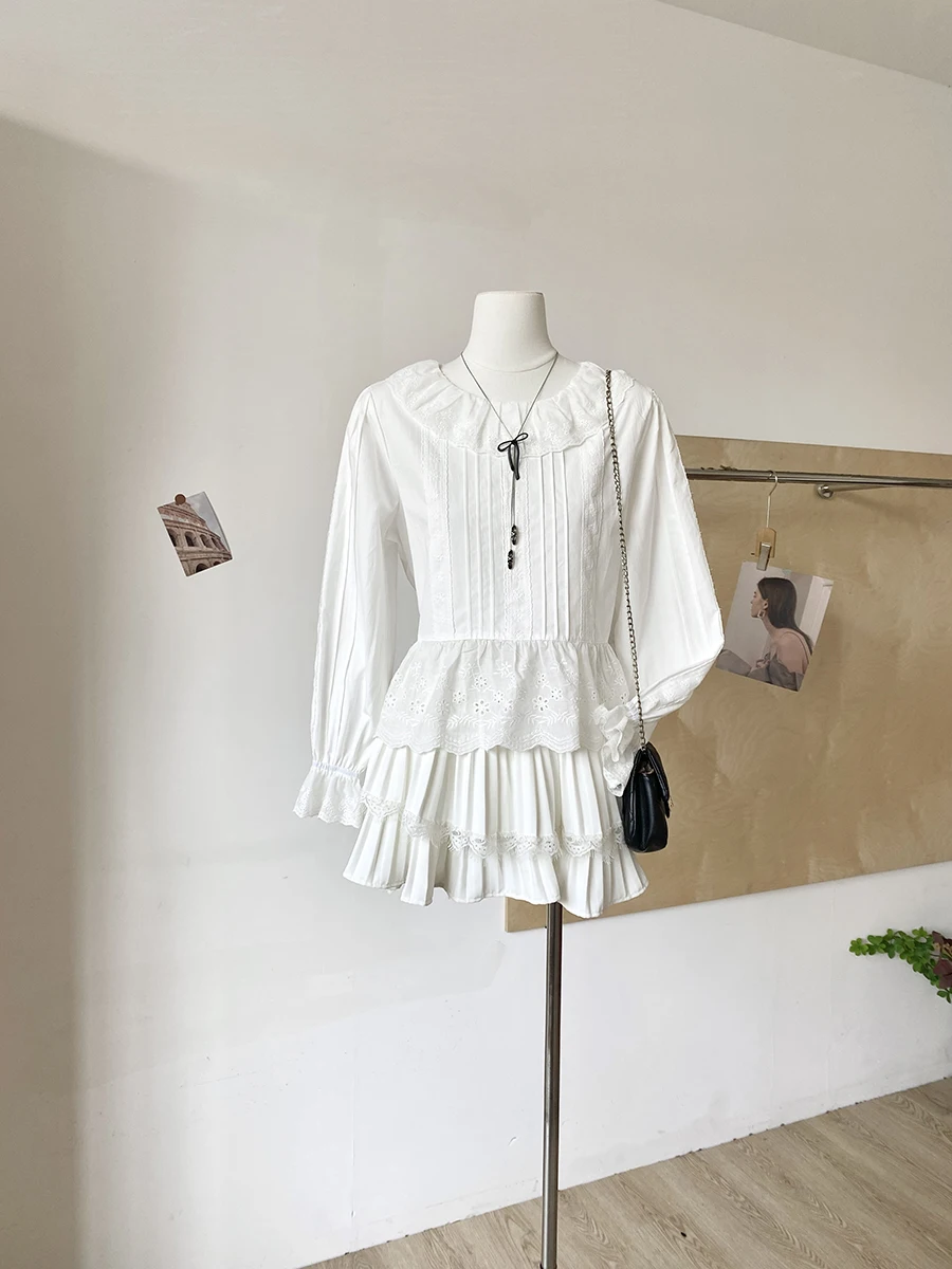 

Элегантная блузка с длинным рукавом в корейском стиле, с плиссированным воротником, универсальная, с эффектом утяжки талии, женская рубашка из полиэстера