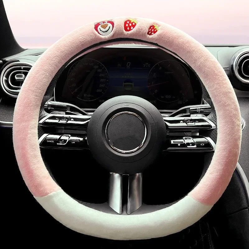 38CM Strawberry Bear Winter Plush Universal Car Steering Wheel Cover Cartoon Lotso Handle Car Steering Wheels & Accessories