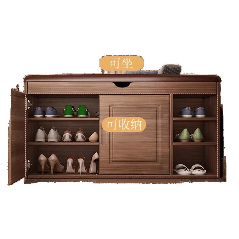 Rubber Wood Dust-Proof Shoe Cabinet with Stool - Large Capacity Closed Shoe Rack for Entryway Organization