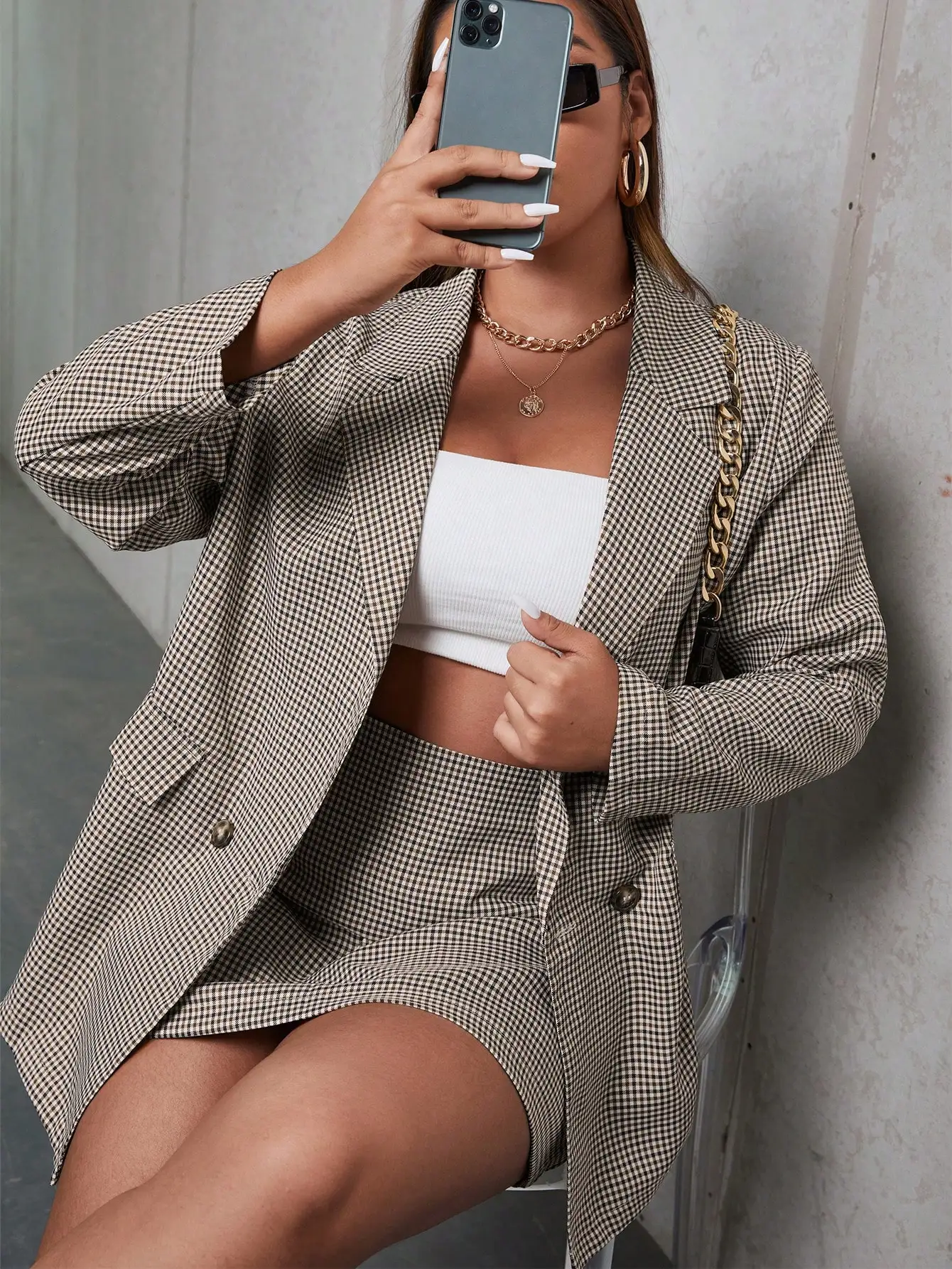 

Костюм из блейзера и шорт в клетку больших размеров для женщин — повседневный наряд для офиса и школы, осенне-зимний стиль