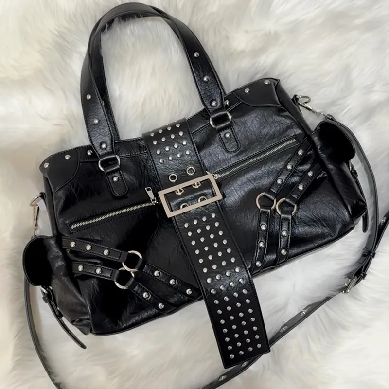 

SHELKSBAG Y2k Grunge Punk Rivet Black Leather Tote Bag Women Large Capacity Crossbody Bags Ladies Moto Biker Designer Handbag